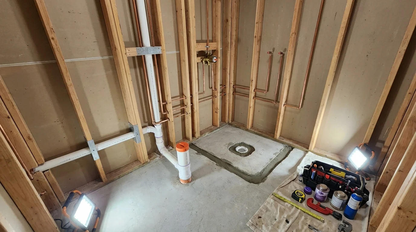 Bathroom rough-in plumbing during remodel by Johns Plumbing LLC in Bloomingdale