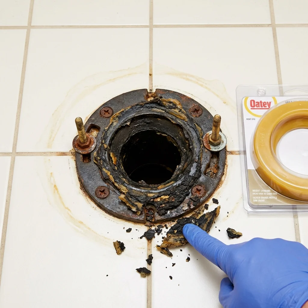Failed wax ring showing water seepage at the base of a toilet in a Bloomingdale, IL home
