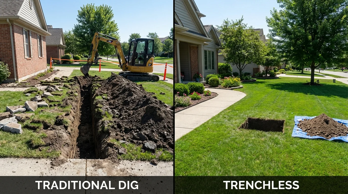 Trenchless sewer repair with minimal yard damage versus traditional excavation in Bloomingdale, IL